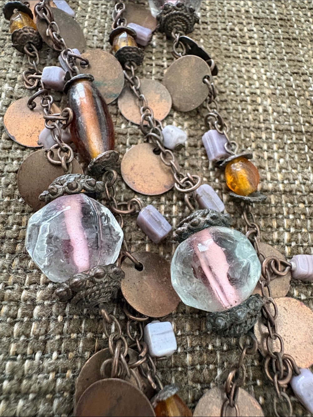 Handcrafted Multicolor Glass Bead Women's Necklace - Pink & Amber Accents